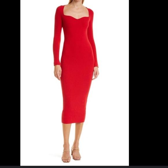 ELEVEN SIX RED RIBBED BODYCON SWEETHEART NECKLINE CASHMERE BLEND DRESS, LARGE - Picture 1 of 7